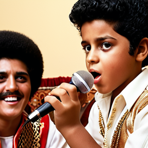 Home 20 A young Bruno Mars performing at a family gathering, emulating Elvis Presley with a toy microphone. The scene should depict a warm, loving Arabic family environment with traditional decorations. Emphasis on capturing the vibrant energy and passion in young Bruno's eyes.