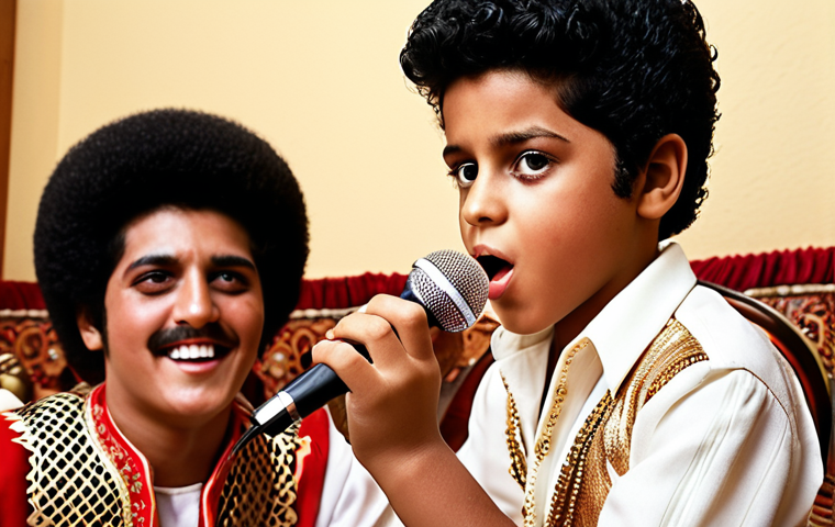A young Bruno Mars performing at a family gathering, emulating Elvis Presley with a toy microphone. The scene should depict a warm, loving Arabic family environment with traditional decorations. Emphasis on capturing the vibrant energy and passion in young Bruno's eyes.