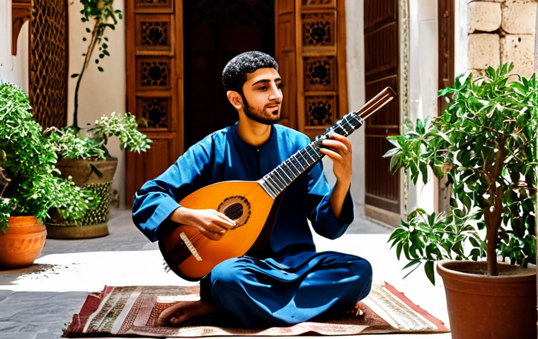 Aspiring Musician**
"A young Arab man, fully clothed in a stylish, modest outfit, playing an oud (traditional Arabic lute) in a sunlit courtyard of an old Damascus house. The courtyard is filled with potted plants and jasmine vines. Safe for work, appropriate content, professional, perfect anatomy, natural proportions, high quality."
**