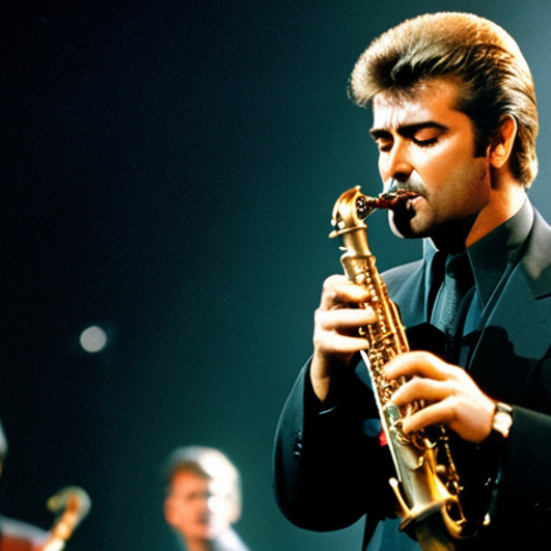Home 12 **Image Prompt:** A professional portrait of George Michael, fully clothed in a stylish, modest outfit from the 1980s. He is performing on stage with a saxophone, bathed in soft, golden stage lighting. Background is a blurred concert scene with an appreciative audience. Style: Professional concert photography, safe for work, appropriate content, perfect anatomy, natural pose.