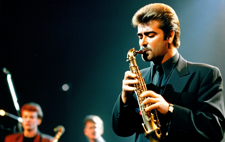 **Image Prompt:** A professional portrait of George Michael, fully clothed in a stylish, modest outfit from the 1980s. He is performing on stage with a saxophone, bathed in soft, golden stage lighting. Background is a blurred concert scene with an appreciative audience. Style: Professional concert photography, safe for work, appropriate content, perfect anatomy, natural pose.